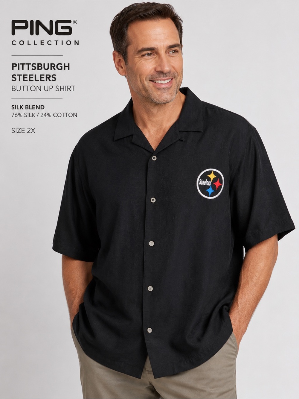 NWT PING Collection Pittsburgh Steelers Silk Blend Button Up Shirt 2X NFL